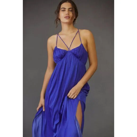 Anthropologie Blue Strappy Halter Slit Maxi Dress - Picture 2 of 8